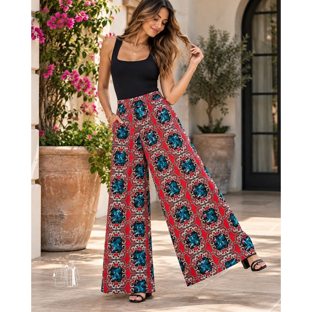 Womens L Wide Leg Palazzo Pants Red Blue Baroque Floral Scarf Print High Rise